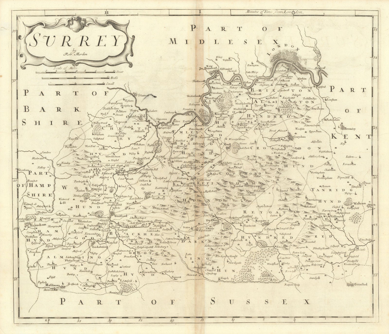 SURREY by ROBERT MORDEN from Camden's Britannia 1695 old antique map chart
